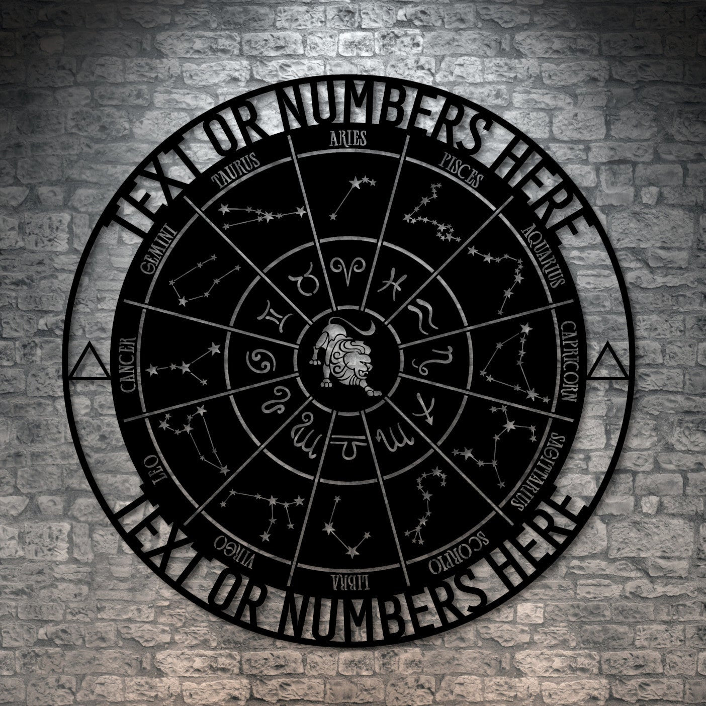 Personalized Leo Zodiac Wheel Metal Sign Deor In Black With Custom Text