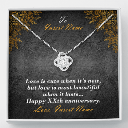 Personalized Love Knot Necklace With Message Card Showing Names And Anniversary Years And Luxury LED Jewelry Box