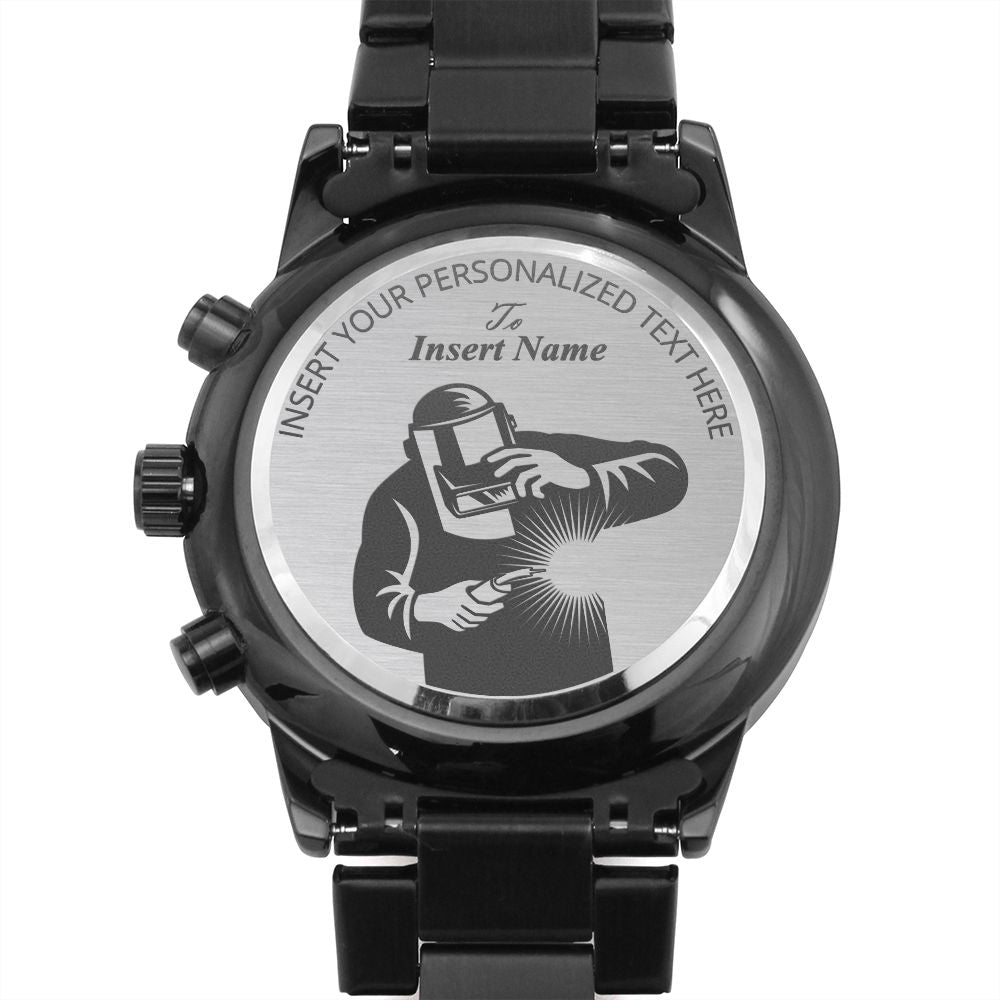 Personalized Mig Welder Metal Wristwatch With Custom Text And Gift Box