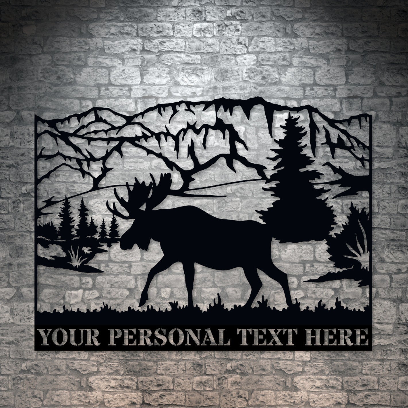 Personalized Moose In The Mountains Name Metal Sign Decor In Black With Custom Text