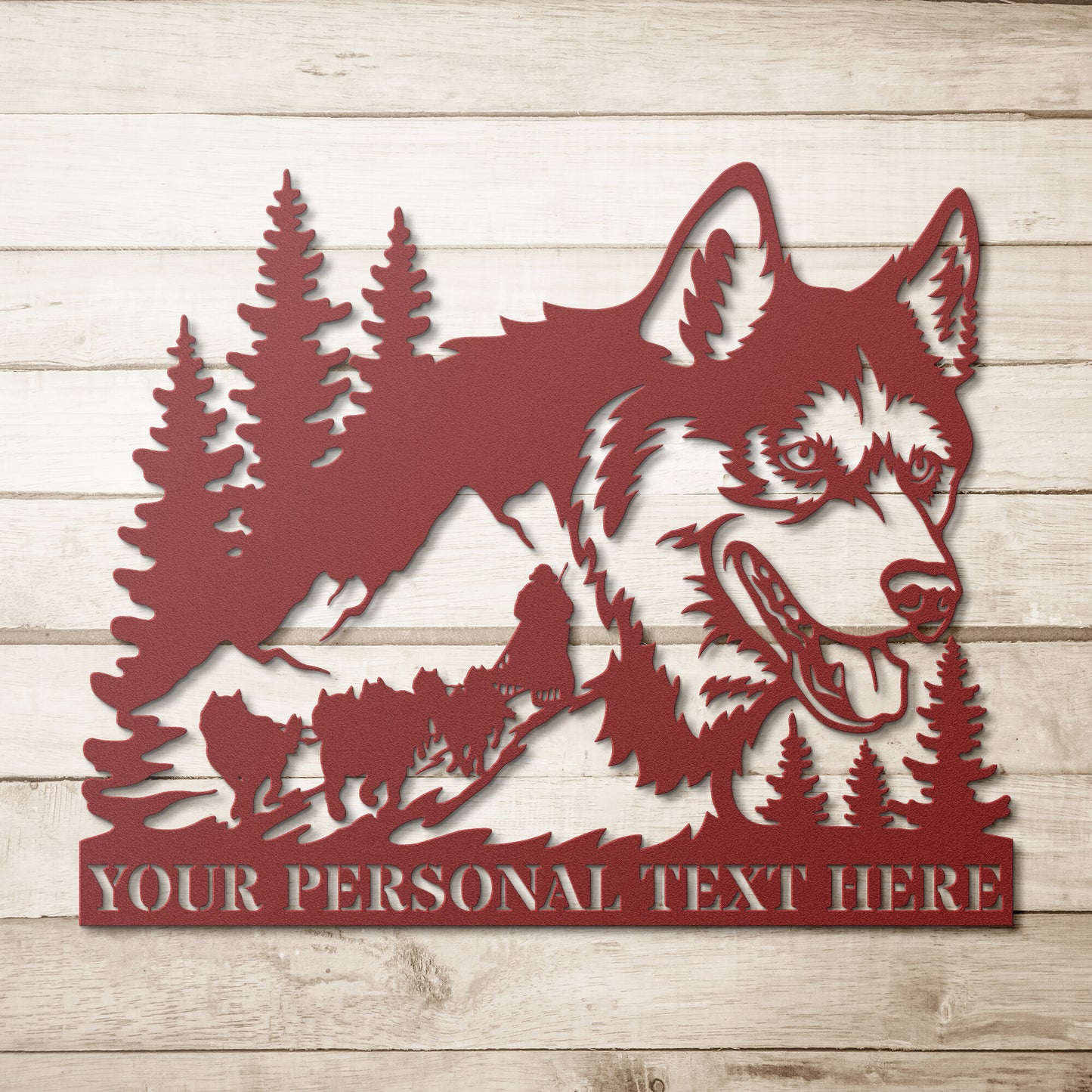 Personalized Husky Sled Dog Portrait Name Metal Sign. Custom Husky Wall Decor Gift. Nature Landscape Design. Mountains Custom Text Monogram