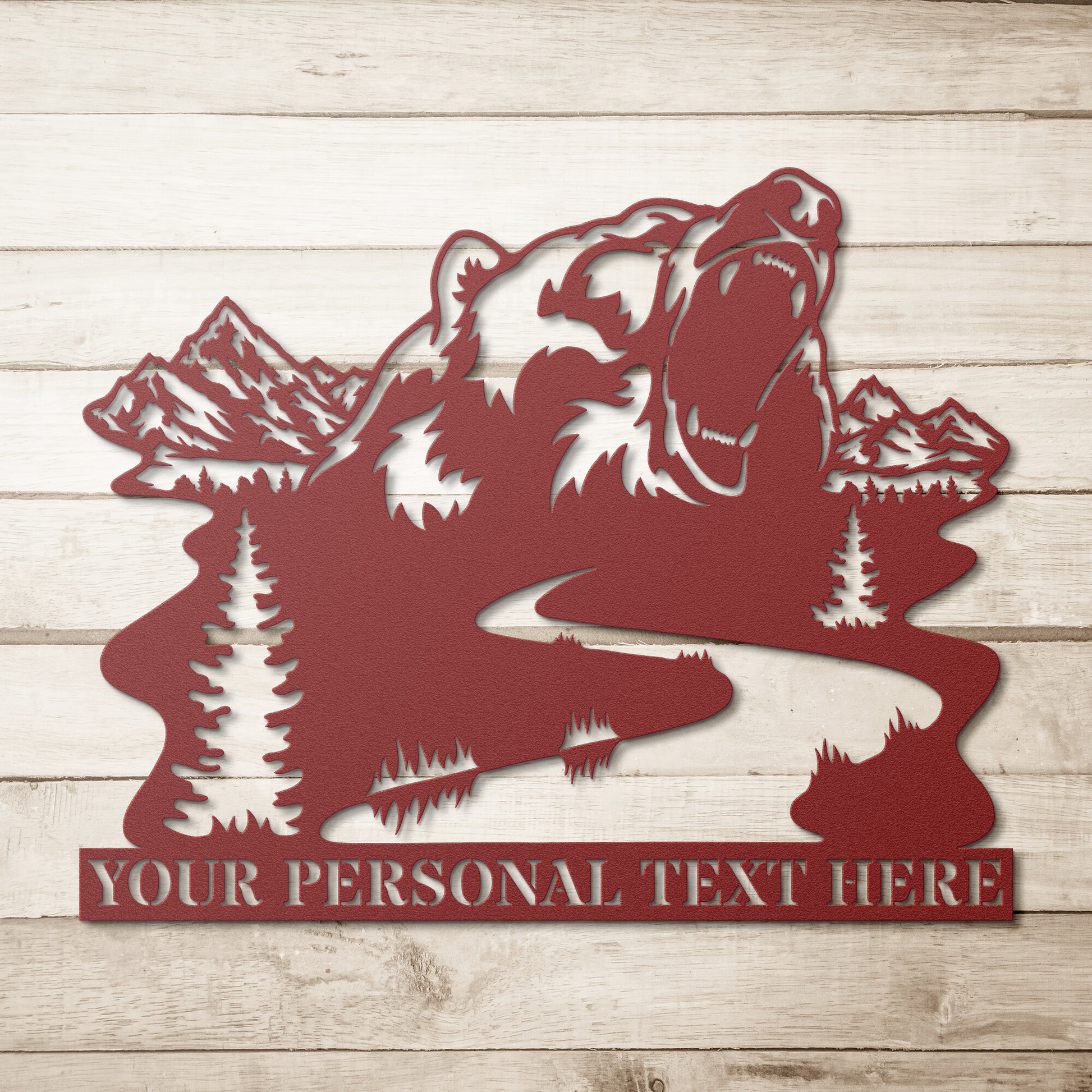 Personalized Nature Wildlife Bear Roaring At The Mountain River Red Metal Sign