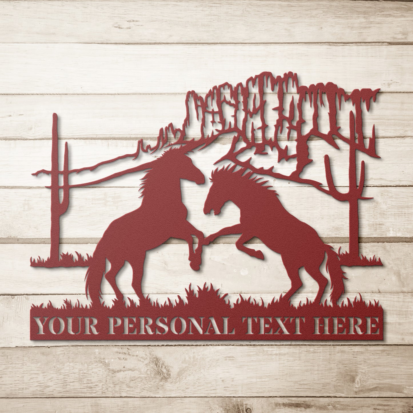Personalized Nature Wildlife Horses Playing Red Metal Sign With Custom Text