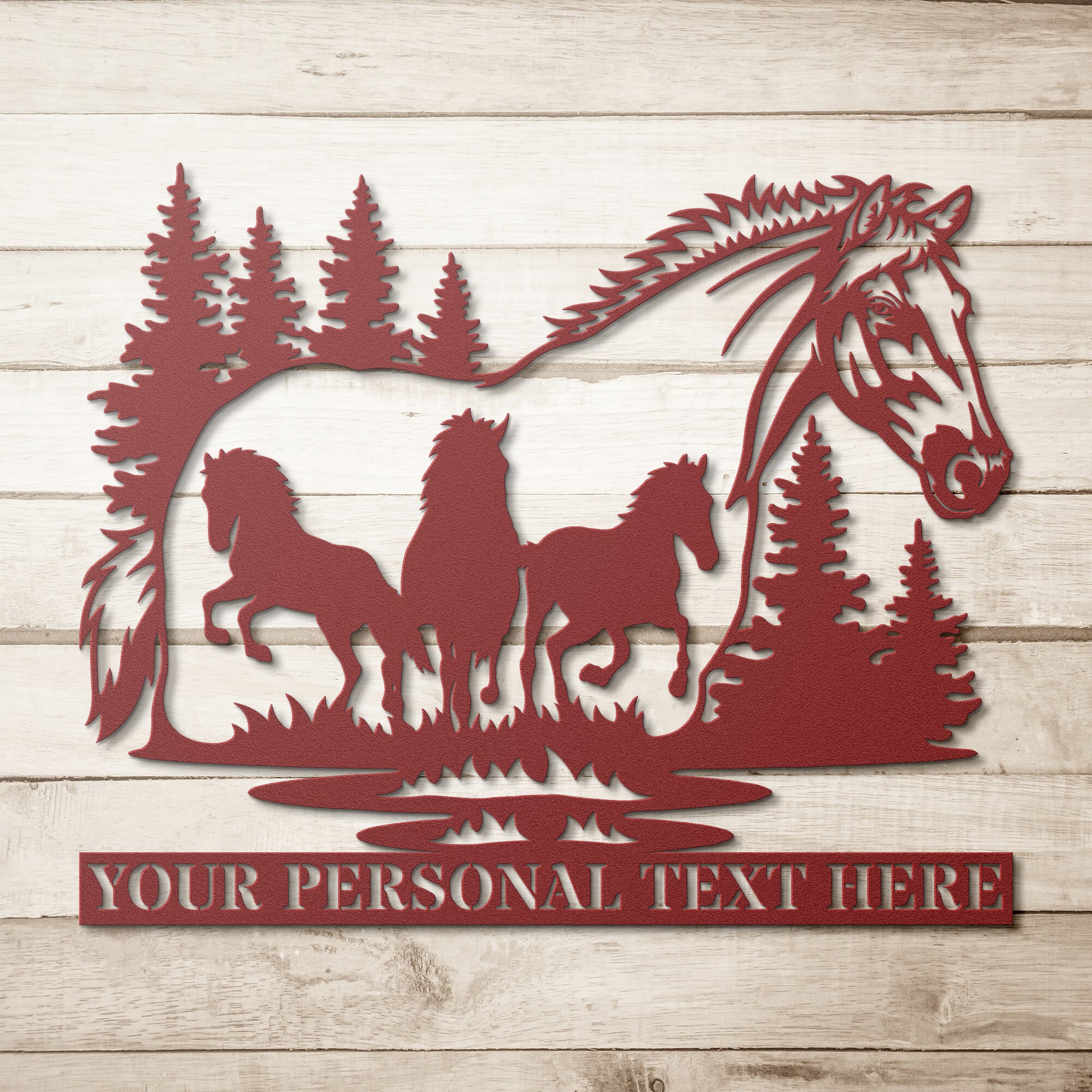 Personalized Nature Wildlife Horses Silhouette Redk Metal Sign With Custom Text