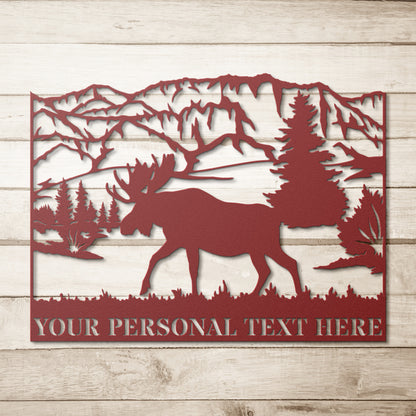 Personalized Moose In The Mountains Name Metal Sign Decor In Red With Custom Text