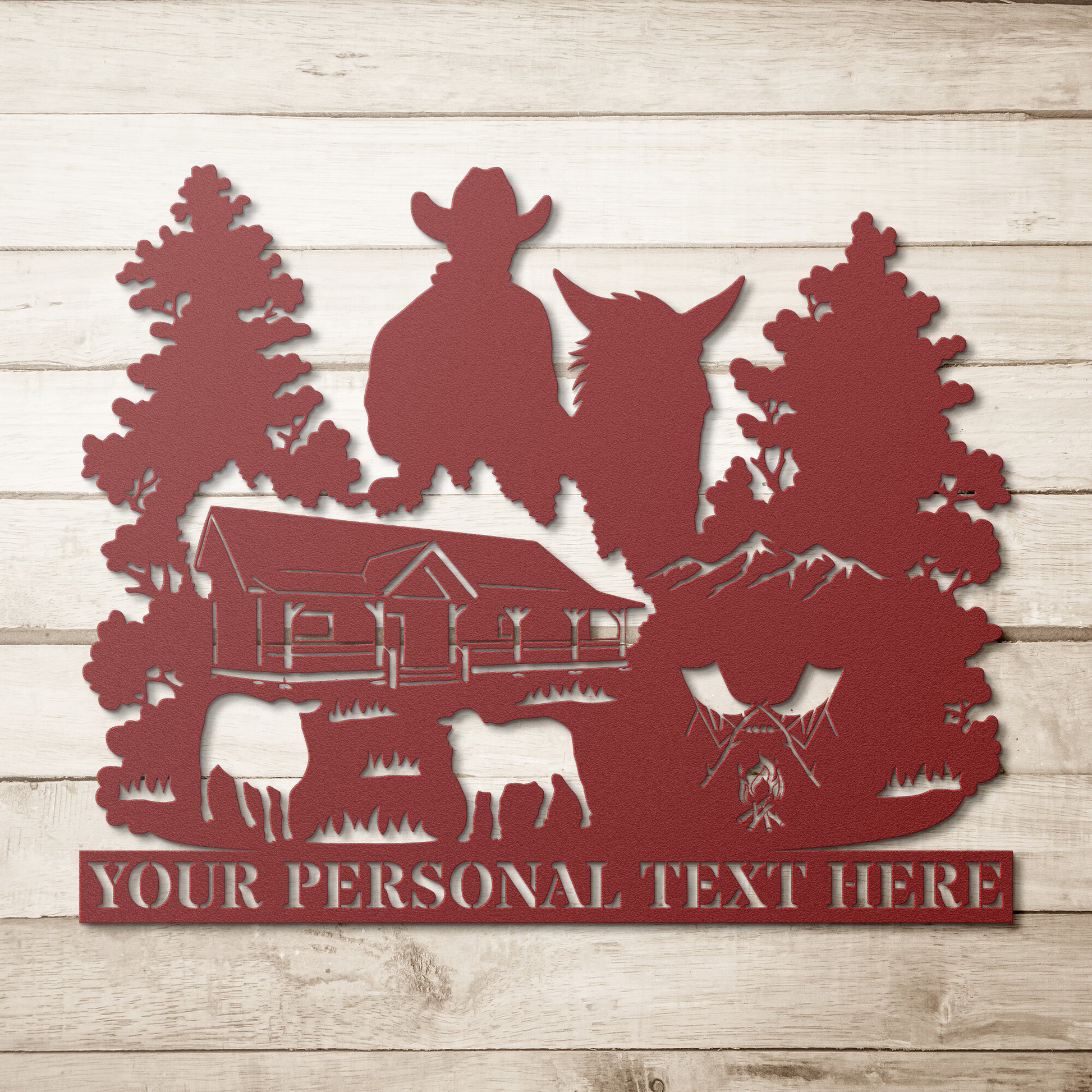 Personalized Nature Wildlife Horse Rider Ranch Red Metal Sign
