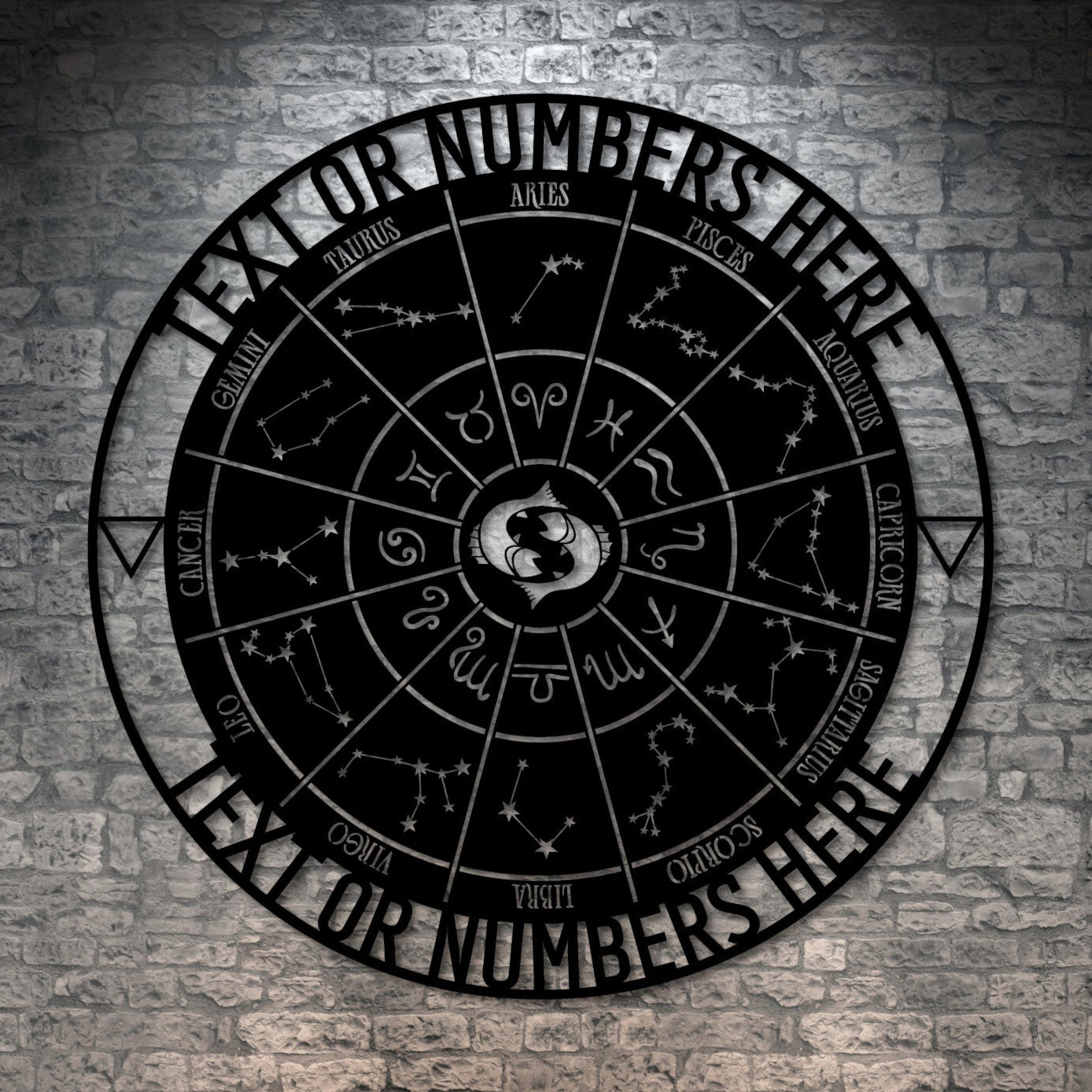 Personalized Pisces Zodiac Wheel Name Metal Sign Decor In Black With Custom Text