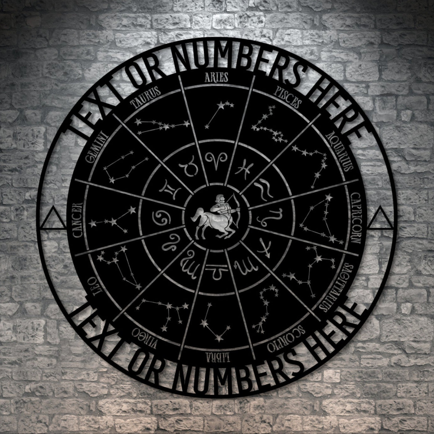 Personalized Sagittarius Zodiac Wheel Name Metal Sign Decor In Black With Custom Text