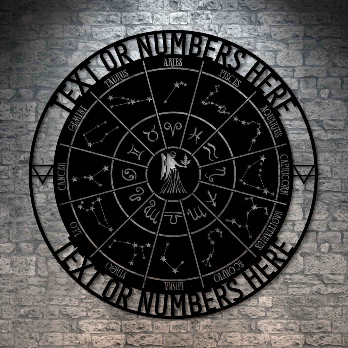 Personalized Virgo Zodiac Wheel Name Metal Sign Decor In Black With Custom Text