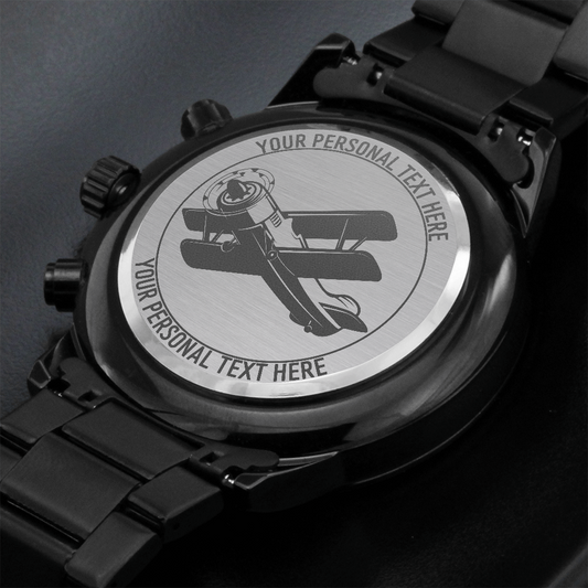 Personalized Biplane Pilot Engraved Black Metal Watch