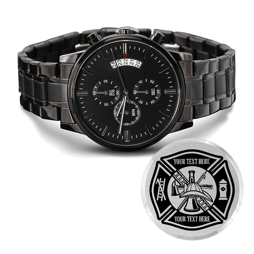 Personalized Firefighter Metal Watch. Laser Engraved Jewelry Gift For Fireman. Customized Maltese Cross Name Watch. Firefighter Volunteer