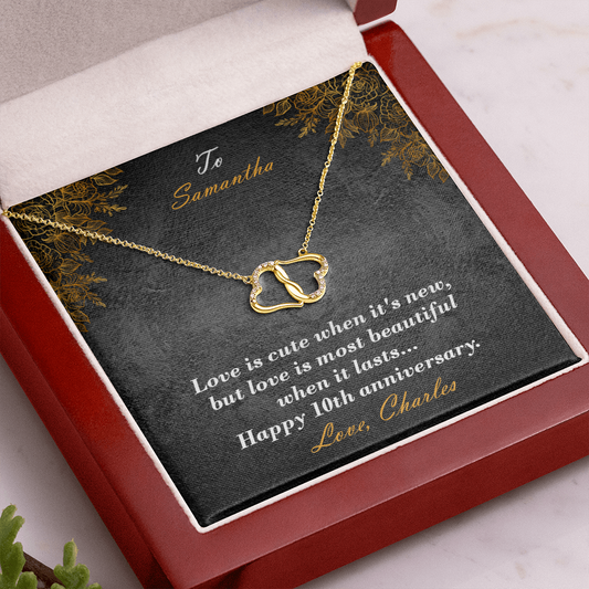anniversary gift for her, wedding gift for her, jewelry gift for wife, 10k gold necklace gift. personalized gold necklace gift for her, custom necklace gift for her, customizable jewelry gift, interlocked gold hearts jewelry