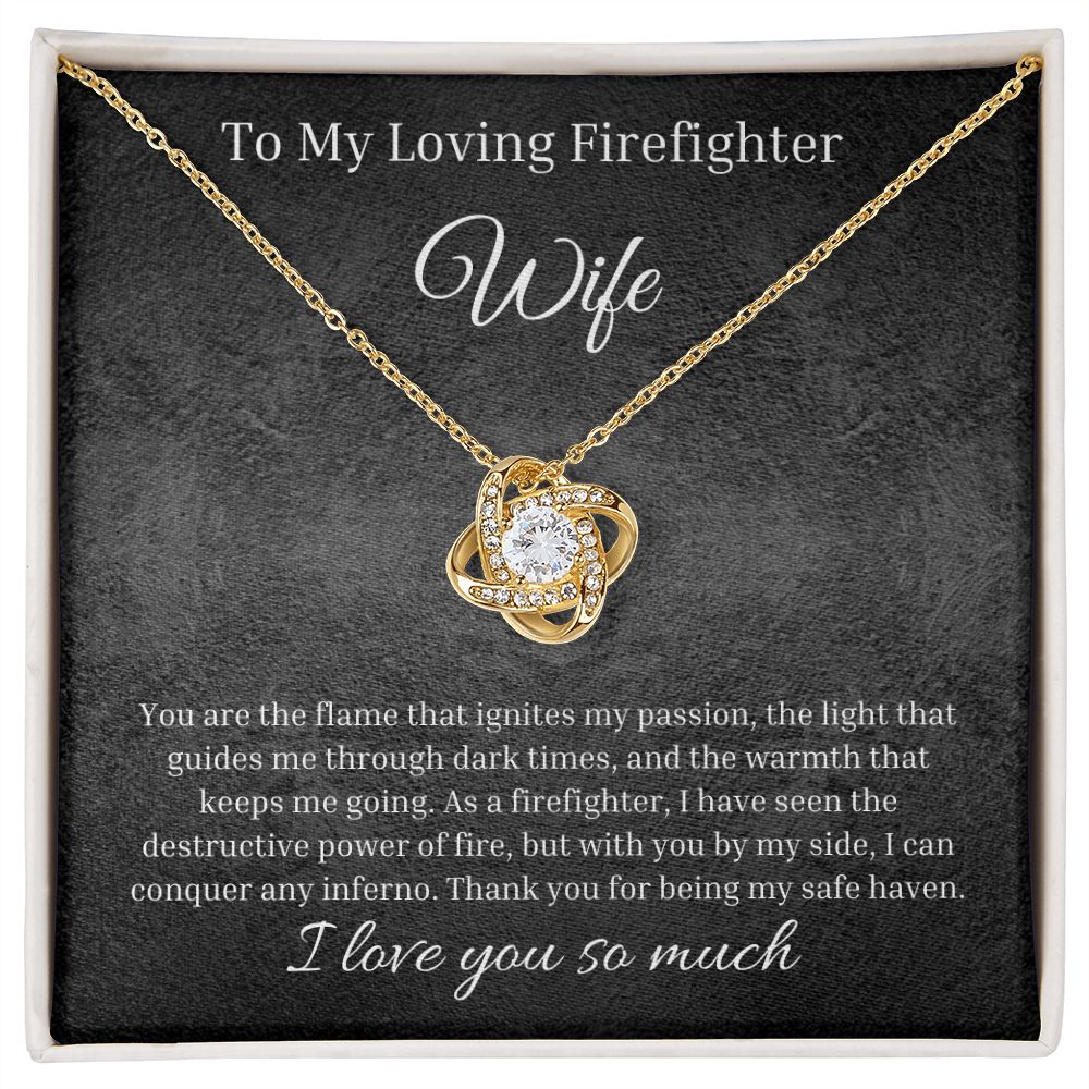 Custom Necklace GiftTo My Loving Firefighter Wife - My Safe Haven | Personal Jewelry Gift To My Wife | Love Knot Necklace Jewelry Box Set