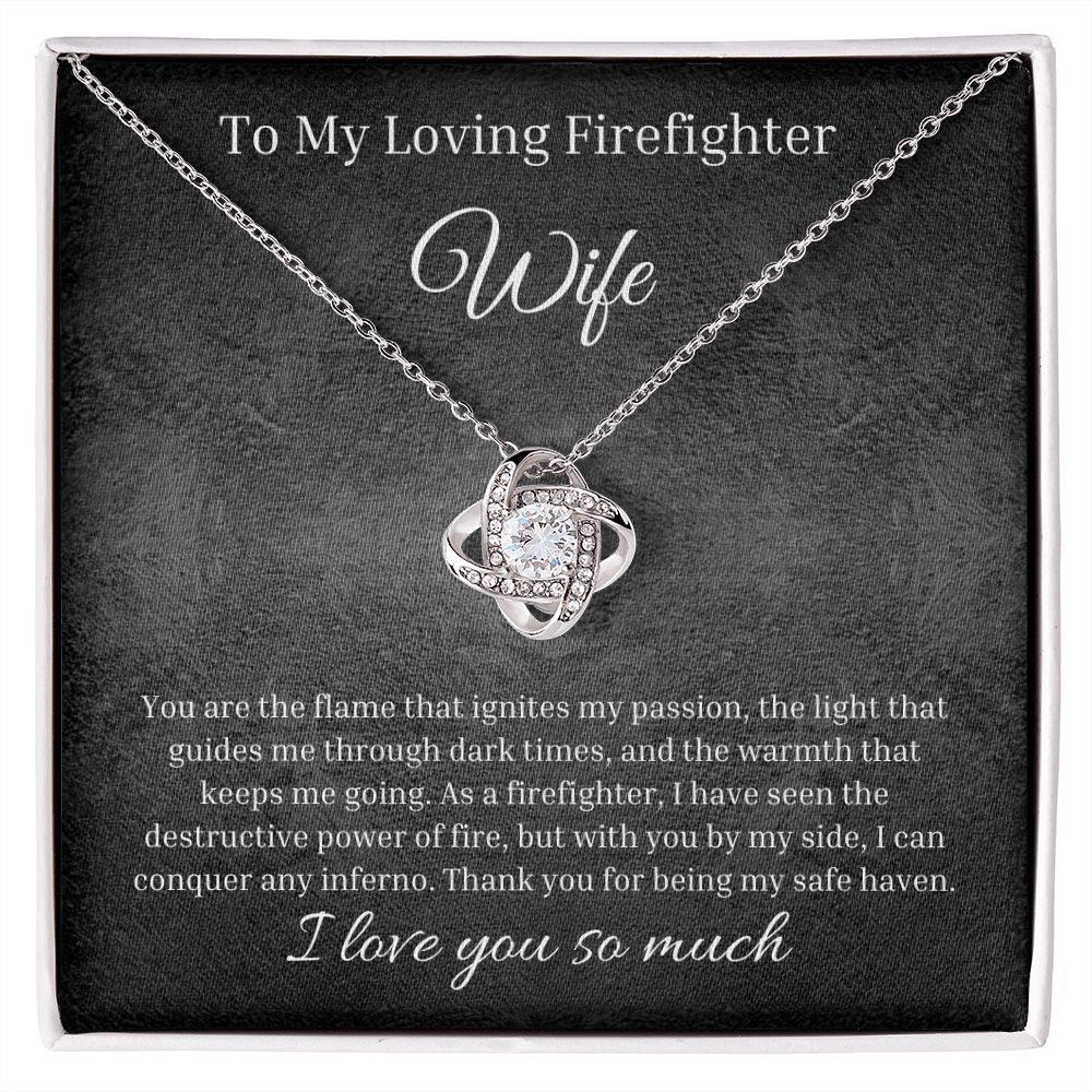 Custom Necklace GiftTo My Loving Firefighter Wife - My Safe Haven | Personal Jewelry Gift To My Wife | Love Knot Necklace Jewelry Box Set