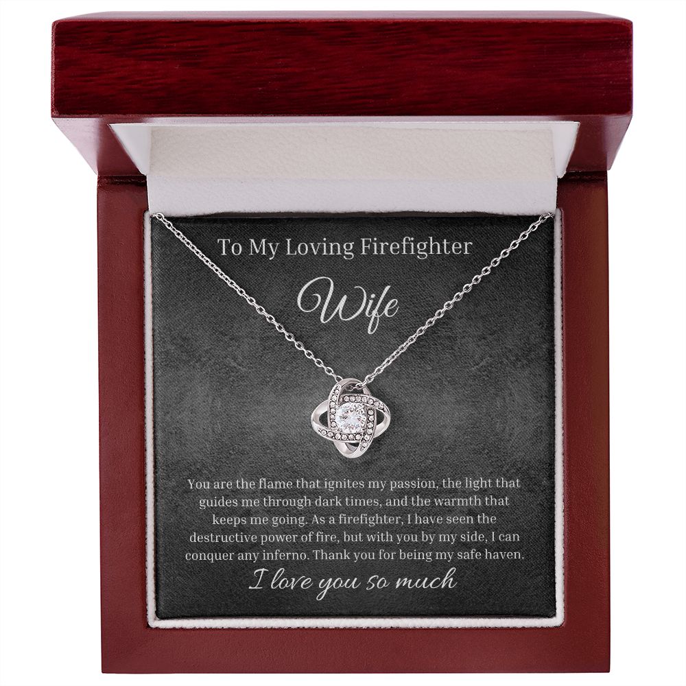 Custom Necklace GiftTo My Loving Firefighter Wife - My Safe Haven | Personal Jewelry Gift To My Wife | Love Knot Necklace Jewelry Box Set